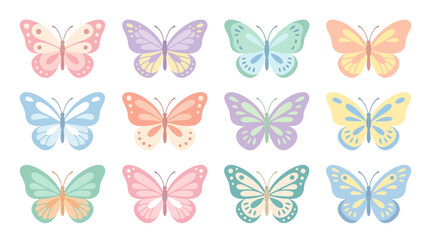 Fototapeta premium Collection of Twelve Beautiful Watercolor Butterflies in Various Pastel Colors.