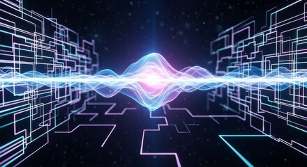 Obraz premium Abstract Cyber Technology Background with Glowing Energy Wave and Digital Circuit Line Grid