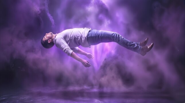 Levitating man floating in purple mystical energy and smoke. Surreal scene of person hovering in mid-air within supernatural environment.