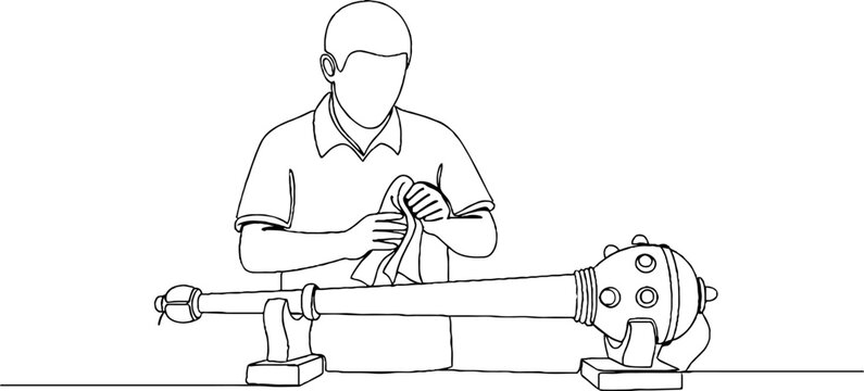 Illustration of person operating industrial lathe machine carefully.