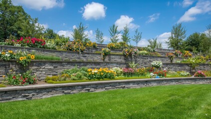 Obraz premium Picture perfect landscaped garden with a multi level stone retaining wall and flower arrangements