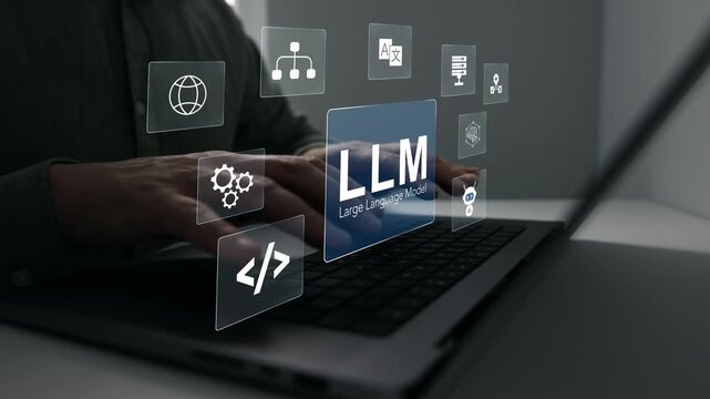 Large language model(LLM) with AI technology.User working on laptop in LLM,Data performrange language tasks,answering questions, summarizing information, translating languages, writing code.	
