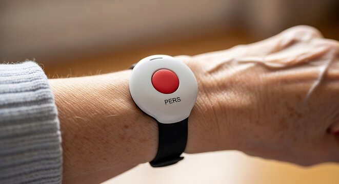 Elderly Person Wearing Emergency Alert Button on Wrist Indoors