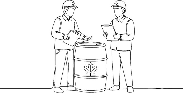 Two industrial workers inspecting large maple leaf barrel contents.
