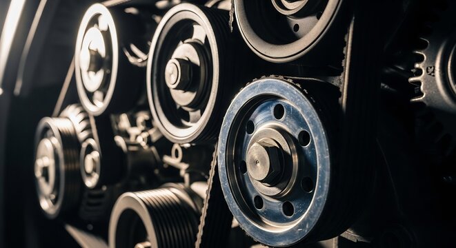 Close-up of a complex automotive engine timing belt system with multiple pulleys.