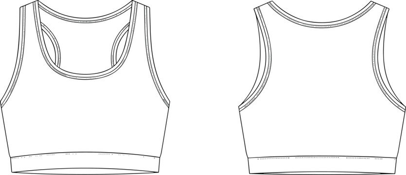 Sports bra front and back flat sketch, scoop neckline racerback wide strap fitted hem detail, cad drawing flat vector illustration activewear fashion template