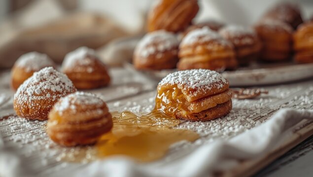 Variety of Greek classic desserts kourabiedes and lukum sprinkled with powdered sugar served alongside honey on white wood