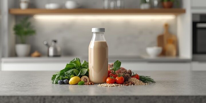 Healthy fortified meal replacement shake surrounded by natural ingredients and ample copy space in a contemporary kitchen