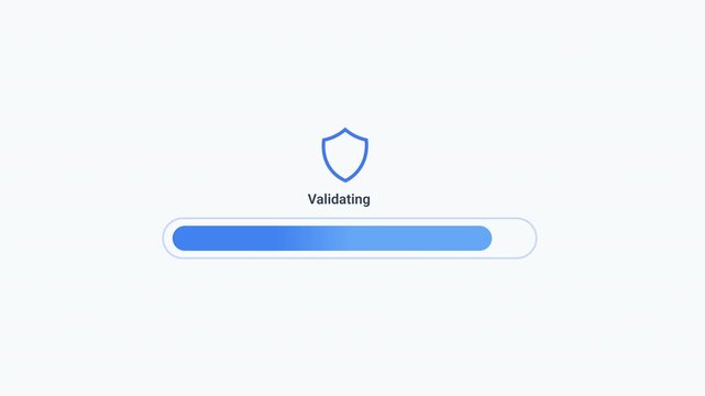 Animated validating interface with shield icon and rounded progress bar. Clean flat motion graphic for data validation, security verification, compliance checks, quality control, and digital technolog