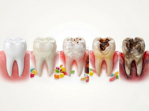 Stages of tooth decay progression from healthy white enamel to severe dental caries and cavity destruction. Dentistry, healthcare education, preventive care campaigns, nutrition awareness, pediatric
