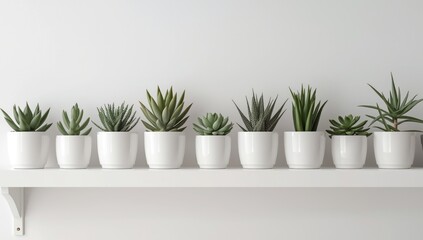 Obraz premium white shelf wall hosting an array of succulents in matching white pots highlighting home floriculture with copy space