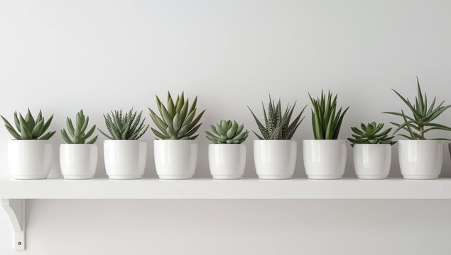 white shelf wall hosting an array of succulents in matching white pots highlighting home floriculture with copy space
