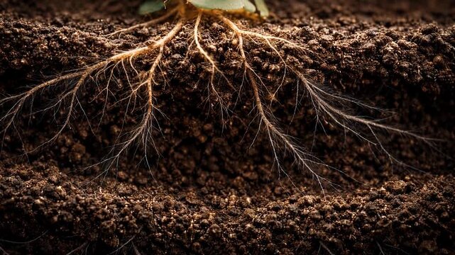 Nurturing roots thrive in rich soil, showcasing intricate network of natures beauty, growth, and organic life beneath earths surface