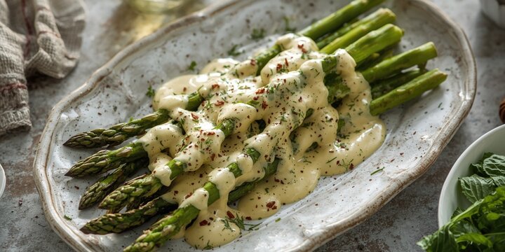 Summer starter featuring delicious roasted asparagus topped with smooth b&Atilde;&copy;chamel drizzle