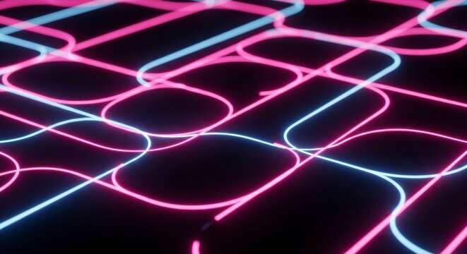 Abstract background featuring intersecting pink and blue neon glowing rounded rectangular grid lines