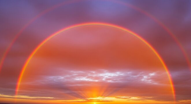 Vibrant double rainbow arching over a dramatic sunset sky with golden sun rays and purple clouds