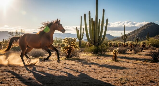 A majestic brown horse galloping fast across the sunny Sonoran desert landscape with giant cacti