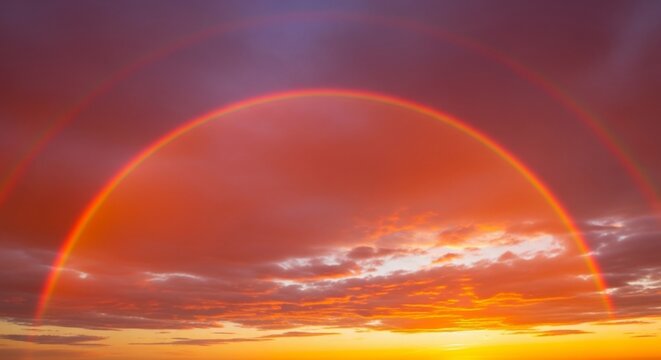 Double rainbow arching over a dramatic orange and purple sunset sky with scattered clouds at twilight