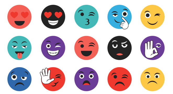 Grid of fifteen colorful circular emoji icons displaying a wide range of funny and expressive facial emotions in a flat style.