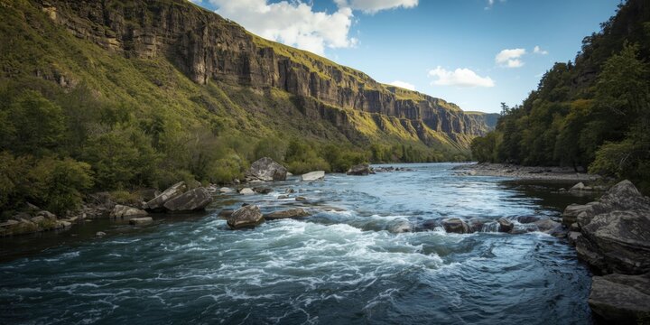 Natural reservoir scene featuring flowing river and cliffs
