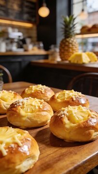 Generative AI captures fresh baked pineapple pastries with cream toppings in a cozy cafe setting