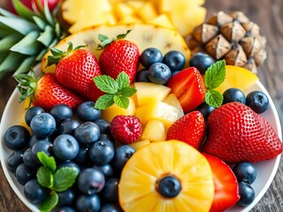 Obraz premium Fresh fruit platter with strawberries, blueberries, grapes, and pineapple, ||healthy snacks, vitamin C