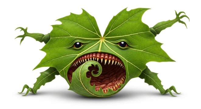 Surreal green monster character made from a plant leaf with sharp teeth isolated on white background