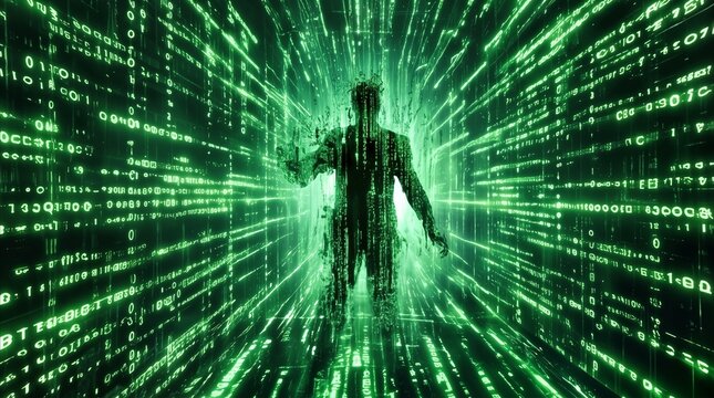 Hacker silhouette standing in digital corridor. Virtual reality environment with green binary code streams and data processing concept.