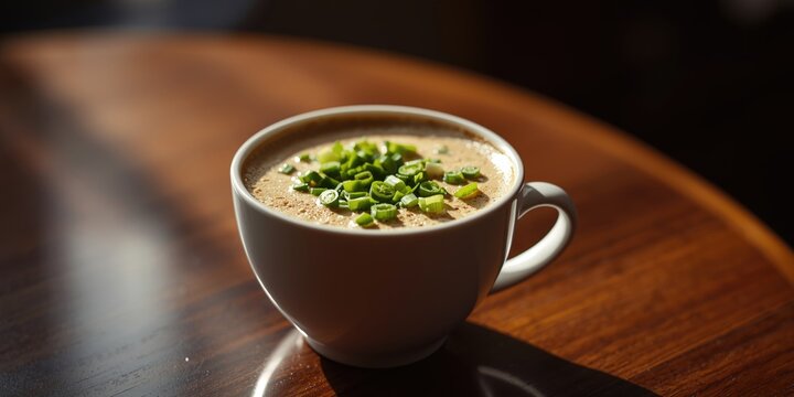 Luxurious coffee latte blended with scallions and chopped green onions