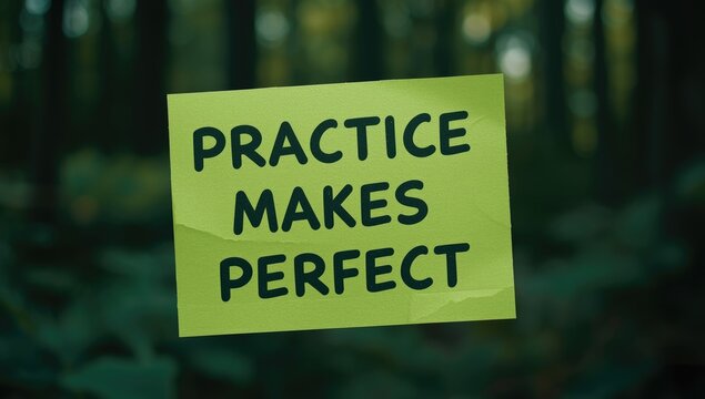 Motivational saying practice makes perfect written on a forest green sticky paper