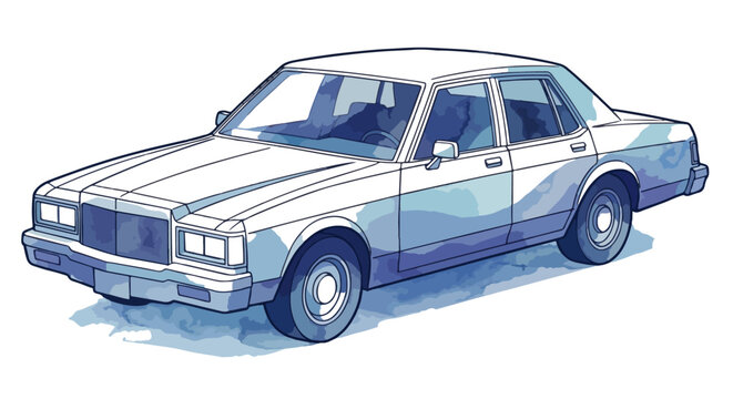 2D Isometric 1978 unbranded Classic Car Vector Illustration: Blue and White Two-Tone Watercolor Thin Line Art