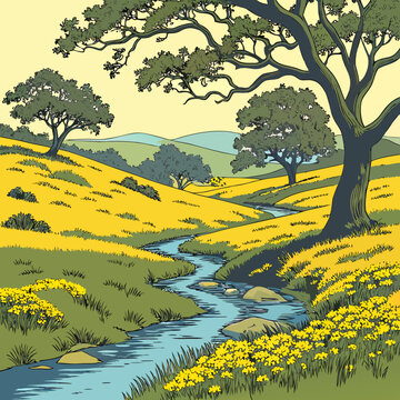 Large tree with a stream in a field of yellow flowers and green grass landscape environment wildlife ecosystem biodiversity botanical vegetation greenery tributary waterway reservoir