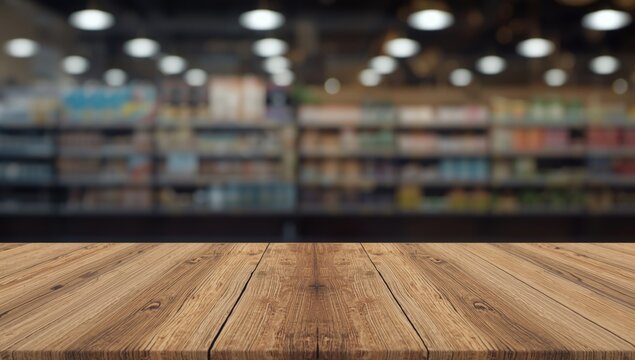 Wood counter product display with softly obscured supermarket background and cool bokeh effect