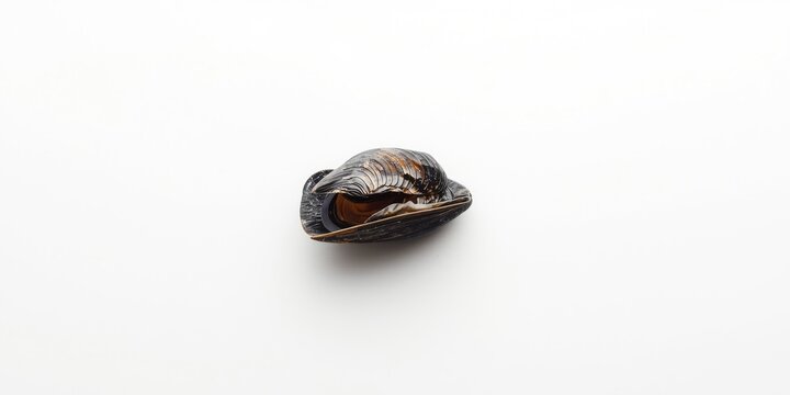 Single mussel shell displayed on plain white surface
