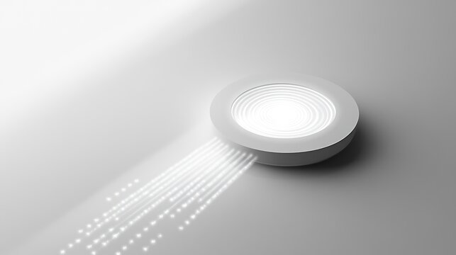 Abstract, circular, glowing object emits trails of light on a gradient grey surface