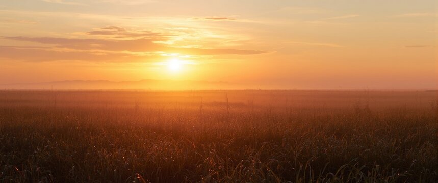 Peaceful horizon bathed in warm golden sunlight at dawn for inspiring new start concepts
