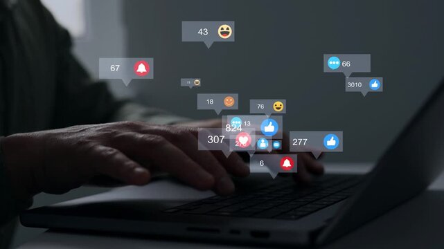Man using smart phone with emoticon icons of Social Media.Interactive with friends on chat with emoticon feedback.Social media,marketing, like,social network,blog,live,chat reaction and livestream.	