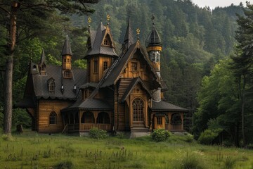 Obraz premium Fairytale style wooden mansion standing in a valley surrounded by a lush forest, creating a magical and enchanting atmosphere