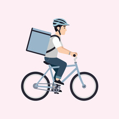 Naklejka premium A person on a bicycle delivers a package on a light pink background