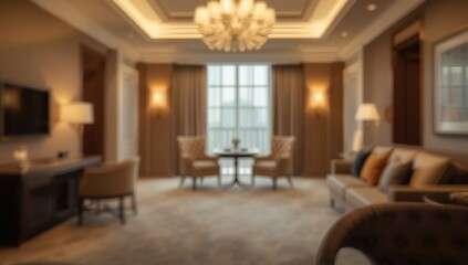 Fototapeta premium Warm soft lighting in a luxury hotel suite featuring bokeh effects and room for text copy space