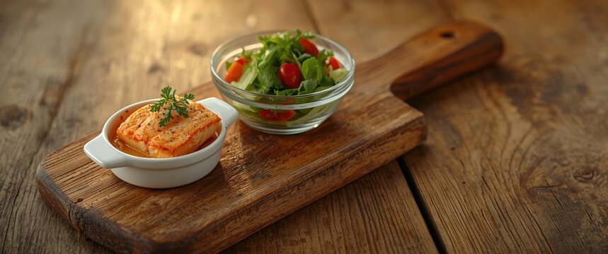 Flavorful salmon parmentier alongside crisp salad on vintage wood plank