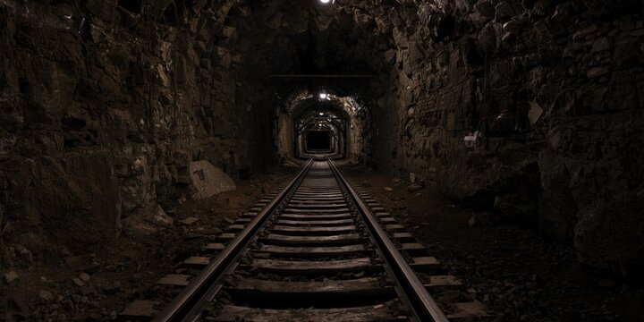 Coal mine underground track path combined with empty copy space for text
