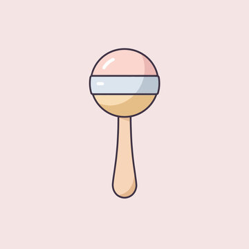 A colorful illustration of a baby rattle on a soft, pastel pink background