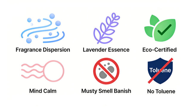 Lavender and environment-friendly green leaves represent environment-friendly certified fragrance, which is free of toluene, and suitable for wardrobe fragrance and mildew removal spray.
