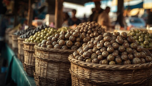 Stacks of baskets holding edible land snails of varied sizes at market stall