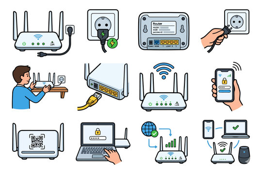 Home router setup and troubleshooting steps illustrated.