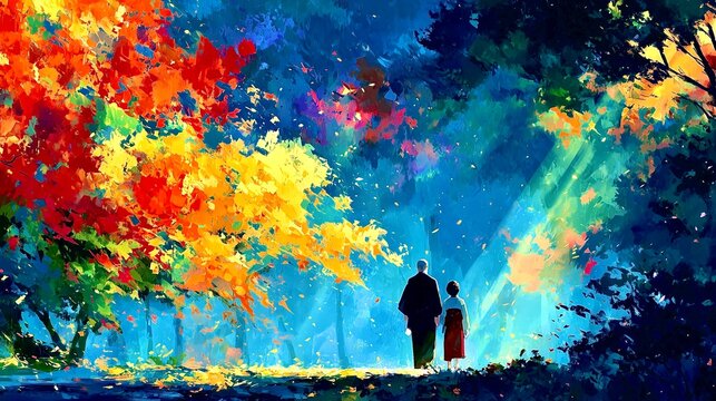 光あふれる紅葉の森、寄り添い歩く秋の記憶