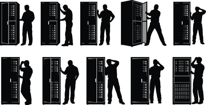Silhouettes set of IT technicians and network engineers inspecting server racks, showing confusion, stress, and troubleshooting in data center room