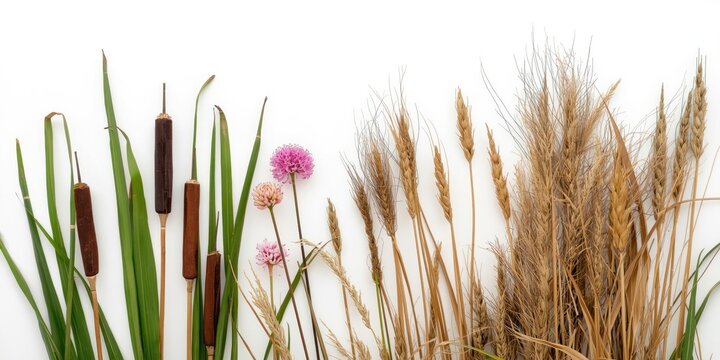 Floral composition of swamp cattails and reed grass displayed on white bulrush background