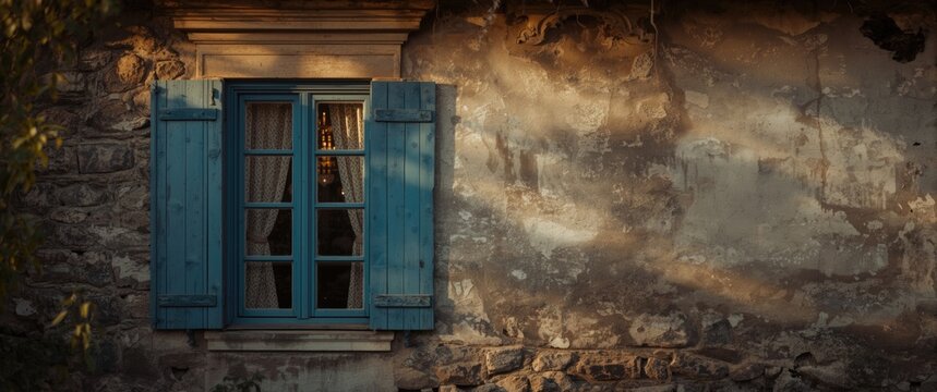 Nostalgic old home displaying rustic blue window and timeworn wall with classic architectural elements
